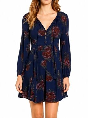 ASTR The Label Navy Floral Tie Neck Mini Dress XS Boho Long Sleeve